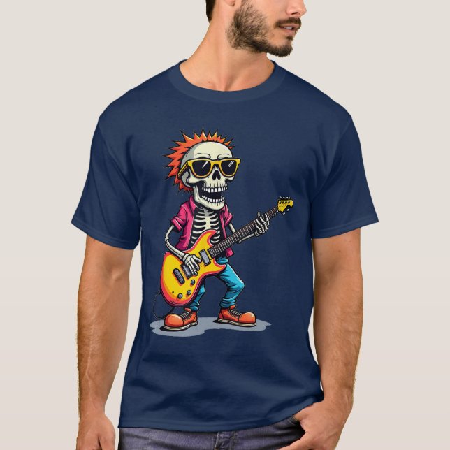 Rocker Punk Rollig Skelett rock gitarr T Shirt (Framsida)