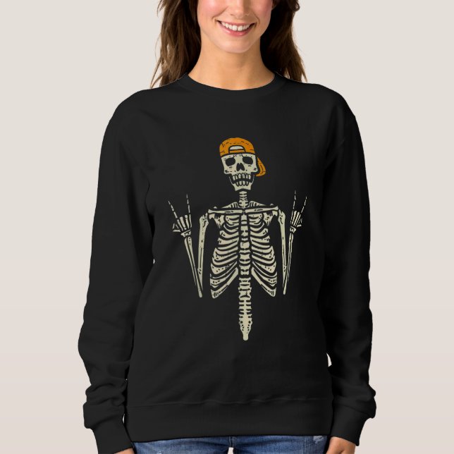 Rocker Skater Skeleton Cap Cool Halloween Punk Men T Shirt (Framsida)