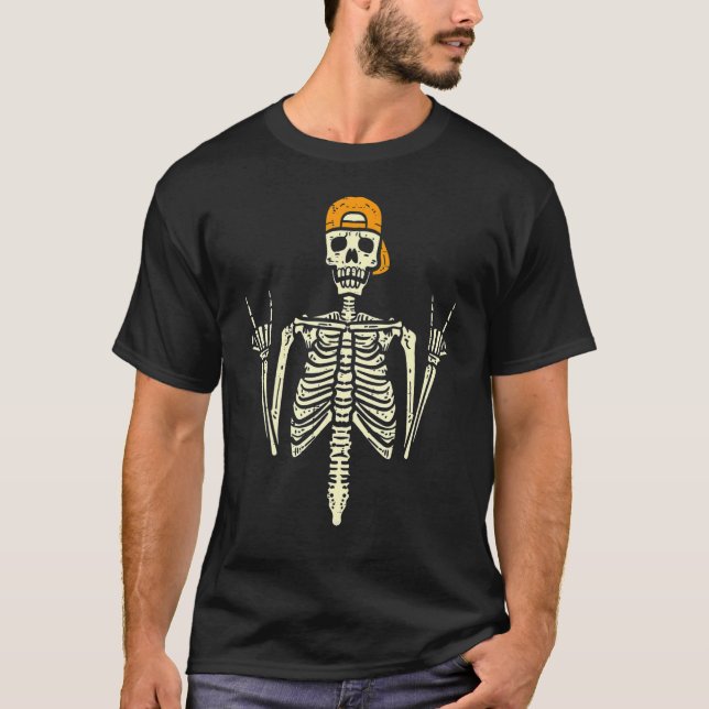 Rocker Skater Skeleton Cap Coola Halloween Punk Ma T Shirt (Framsida)