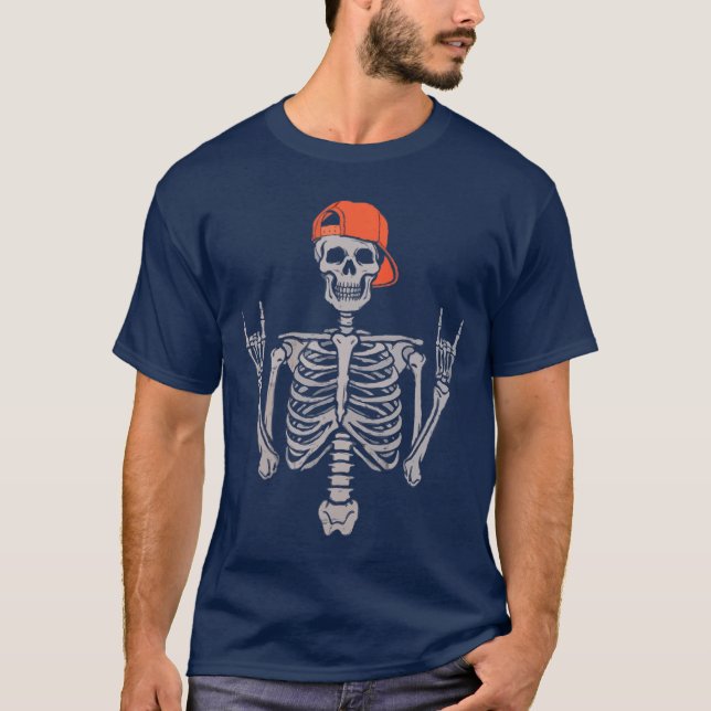 Rocker Skeleton Cap Skater Cool Halloween Punk Roc T Shirt (Framsida)