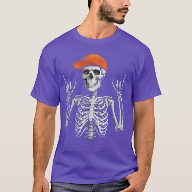 Rocker Skeleton Cap Skater Cool Halloween Punk Roc T Shirt (Framsida)