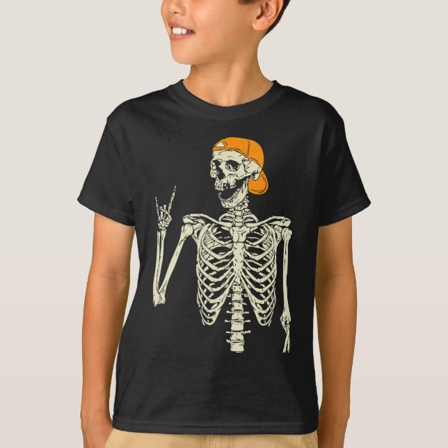 Rocker Skeleton Cap Skater Coola Halloween Punk Ro T Shirt (Framsida)