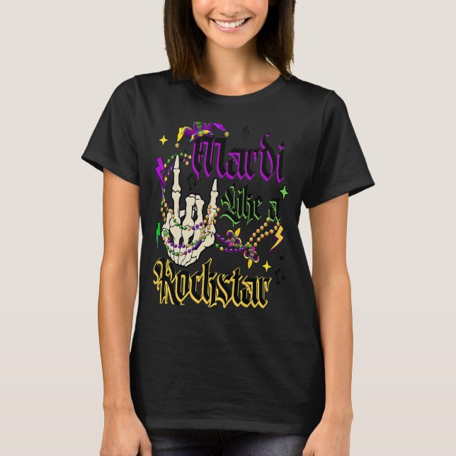 Rocker Skeleton Hand Mardi Gras Mardi som Sten T Shirt (Framsida)