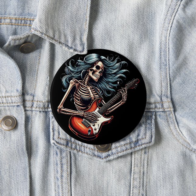 Rocker Skeleton-kvinnan som spelar gitarr Mörk kon Knapp (In Situ)