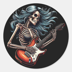 Rocker Skeleton-kvinnan som spelar gitarr Mörk kon Runt Klistermärke