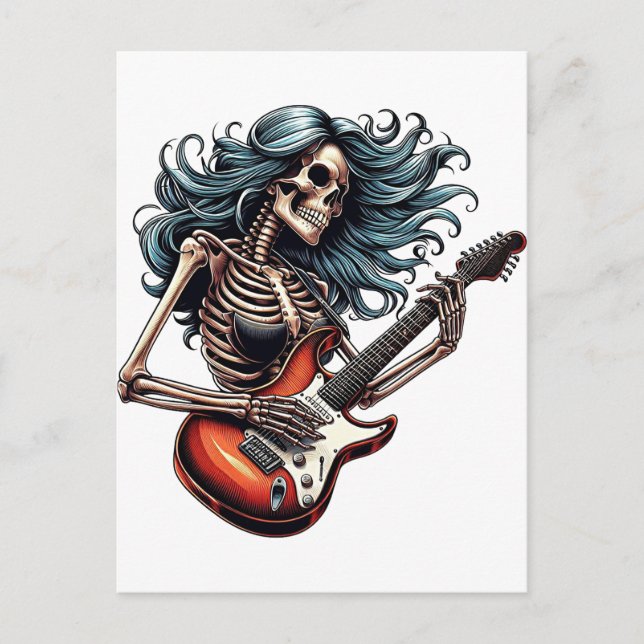Rocker Skeleton-kvinnan som spelar gitarr Mörk kon Vykort (Framsida)