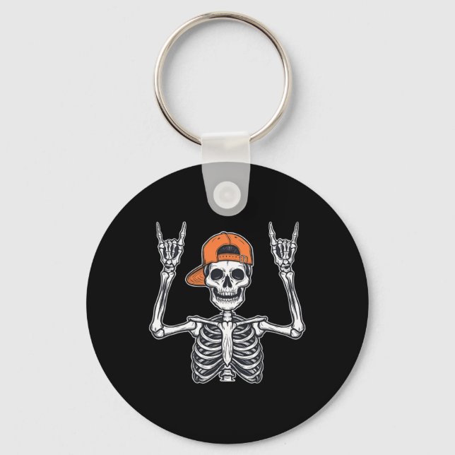 Rocker Skeleton Skater Cap Halloween Sten Manar Bo Nyckelring (Framsida)