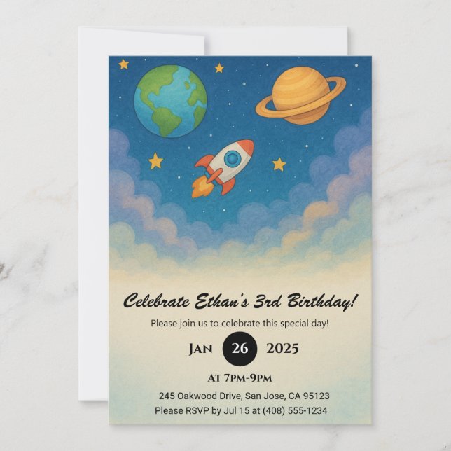 Rocket and Planets in Colorful Space Birthday Inbjudningar (Framsida)