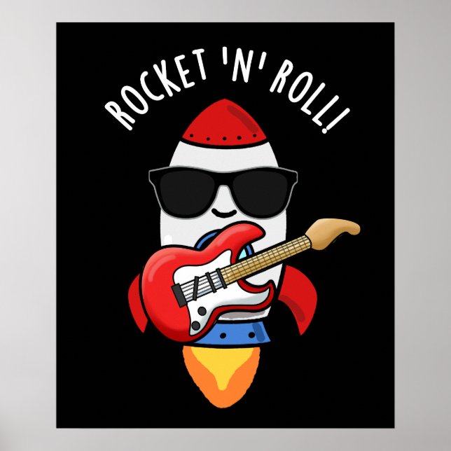 Rocket and Roll Funny Rocket Pun Mörk BG Poster (Framsidan)
