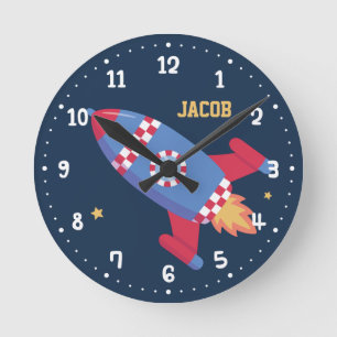 Rocket Frakt Checkered, Rymden, Kids Room Rund Klocka