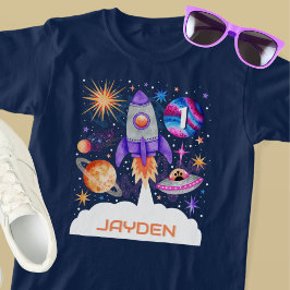 Rocket Frakt Planets UFO och Astronaut Space Boys T Shirt
