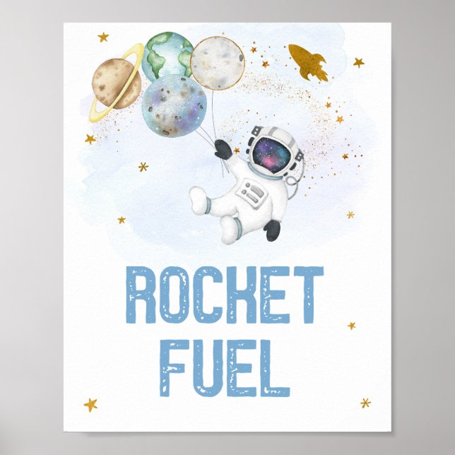 Rocket Fuel Astronaut Blue Guld Space Birthday Poster (Framsidan)