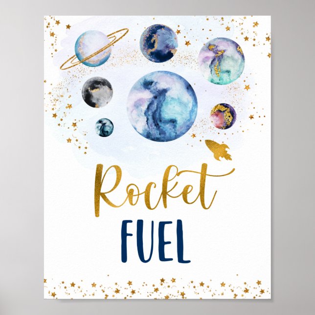 Rocket Fuel Galaxy Blue Guld Space Birthday Poster (Framsidan)
