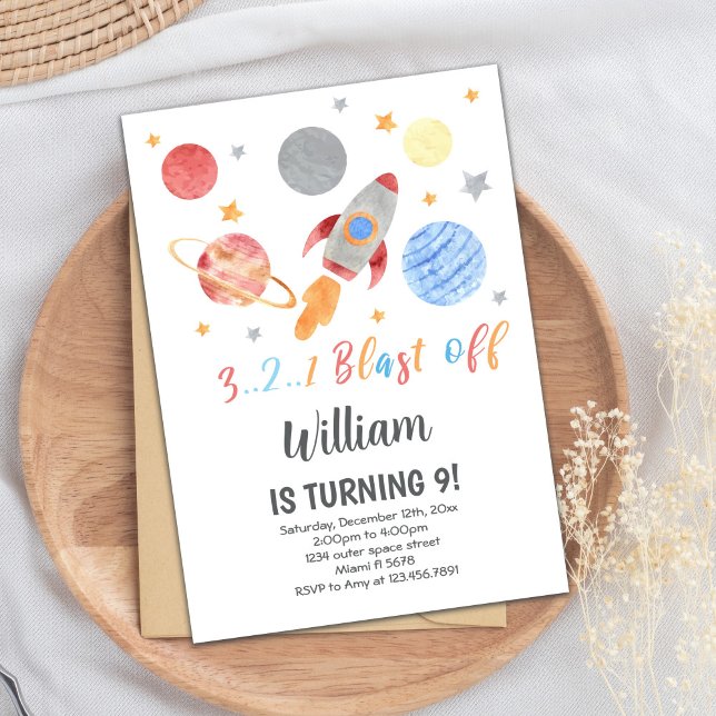 Rocket Galaxy Theme för barn Inbjudningar (123 blast off Outer Space Birthday Invitations)