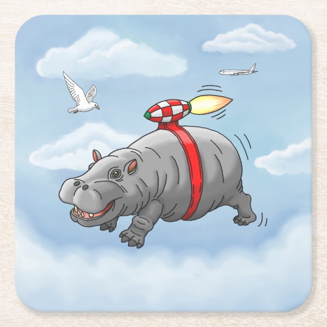 Rocket Hippo Birthday Underlägg Papper Kvadrat (Framsidan)