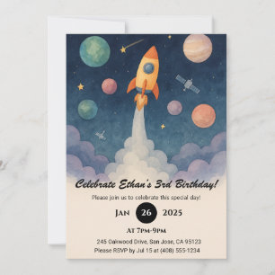 Rocket in Starry Galaxy Scene Birthday Inbjudningar