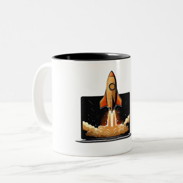 Rocket Launch Laptop Startup Entrepreneur Online B Två-Tonad Mugg (Framsida vänster)