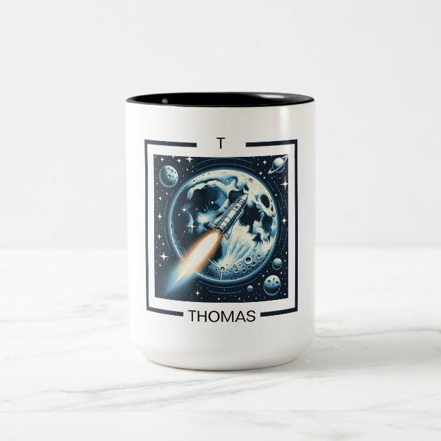 Rocket Måne Space Monogram tvåtonskaffe Mugg (Center)