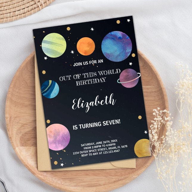 Rocket & Planet Galaxy Theme för barn Inbjudningar (Black Outer Space Birthday Invitations)