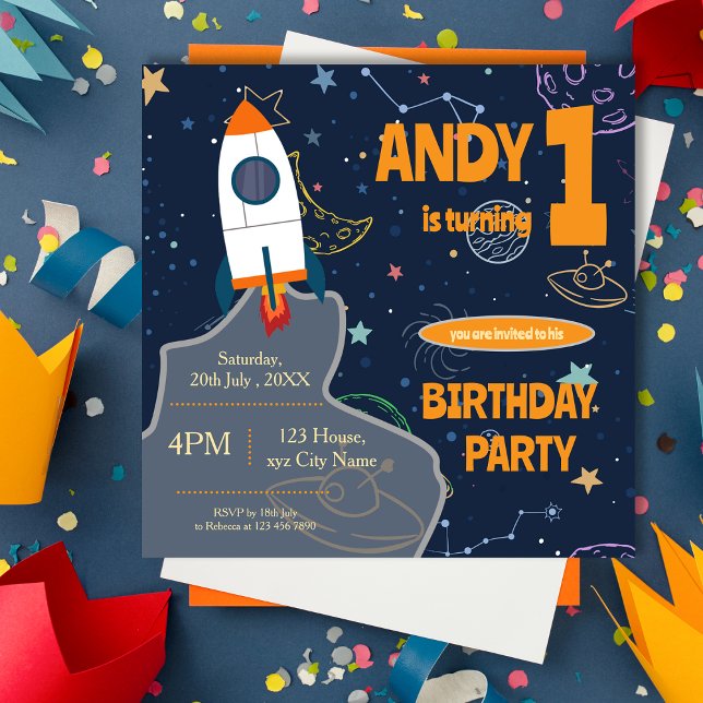 Rocket, planeterna stjäl alla åldrar från Rymden Magnetisk Inbjudningskort (Rocket, Planets Stars Any Age Outer Space Birthday Magnetic Invitation)