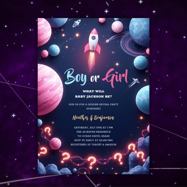Rocket Planets Rymden Boy Gender Reveal Inbjudningar (Rocket Planets Outer Space Boy Girl Gender Reveal Invitation)