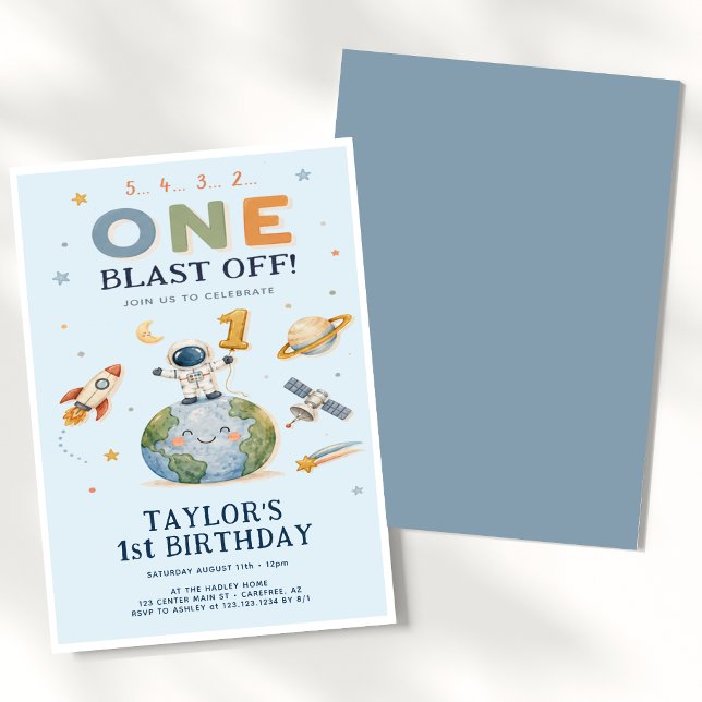 Rocket Räkna Ner Blå 1-års Födelsedag Inbjudningar (Skapare uppladdad)
