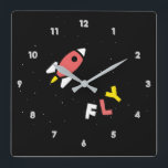 Rocket - Red & Gult Abstrakt Pop Art. FLY! Fyrkantig Klocka<br><div class="desc">Retro, popa, färglöst skapelse av en Rocket, Square Clock. Speciellt färgämne för rött, Gult och vitfärg, med enkel men elegant ikon formaterad konst. Original digital Art by Raphael Studio - 'Rocket'. Retro pop stil, unik design.</div>
