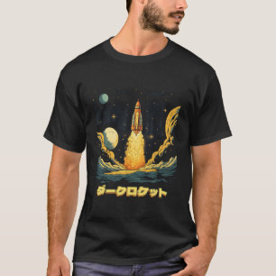 Rocket Retro Mörk Spaceship Steampunk Japansk Kat T Shirt