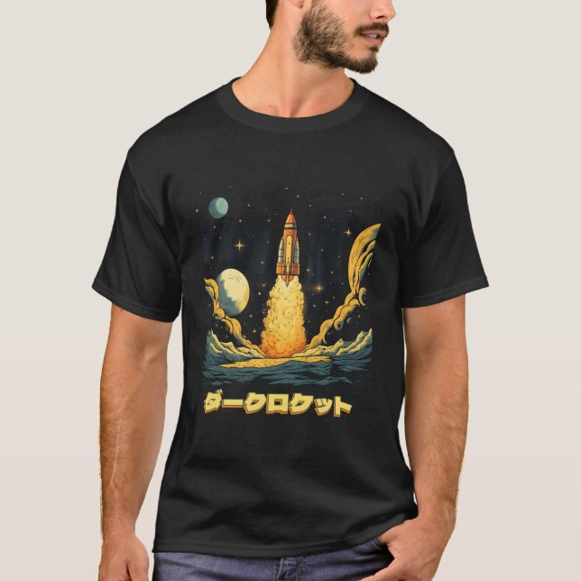 Rocket Retro Mörk Spaceship Steampunk Japansk Kat T Shirt (Framsida)