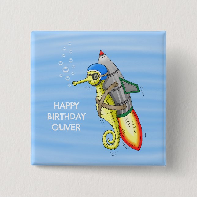 Rocket Seahorse Birthday Knapp (Framsida)