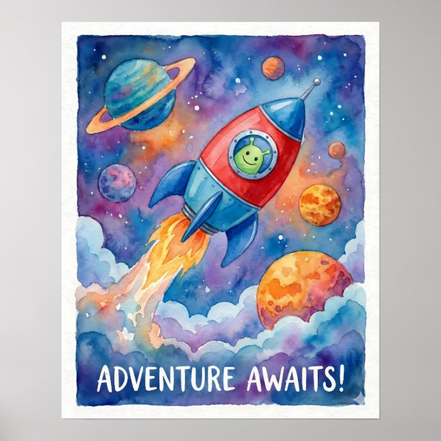 Rocket Ship & Alien Adventure Awaits Space Poster (Framsidan)