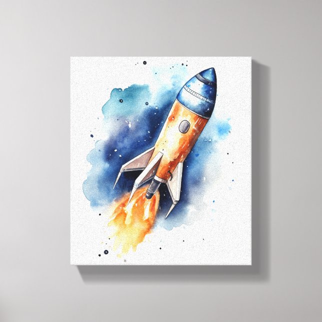 Rocketship som flyger genom Stars Watercolor Nurse Canvastryck (Framsida)