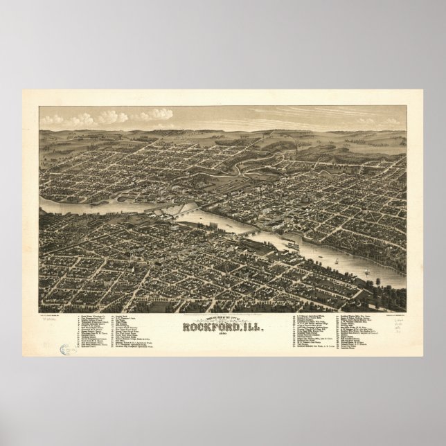 Rockford Illinois 1880 Antique Panoramic Karta Poster (Framsidan)