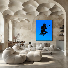 Rockgitarristaffisch – svart silhuett på blå bakgr poster