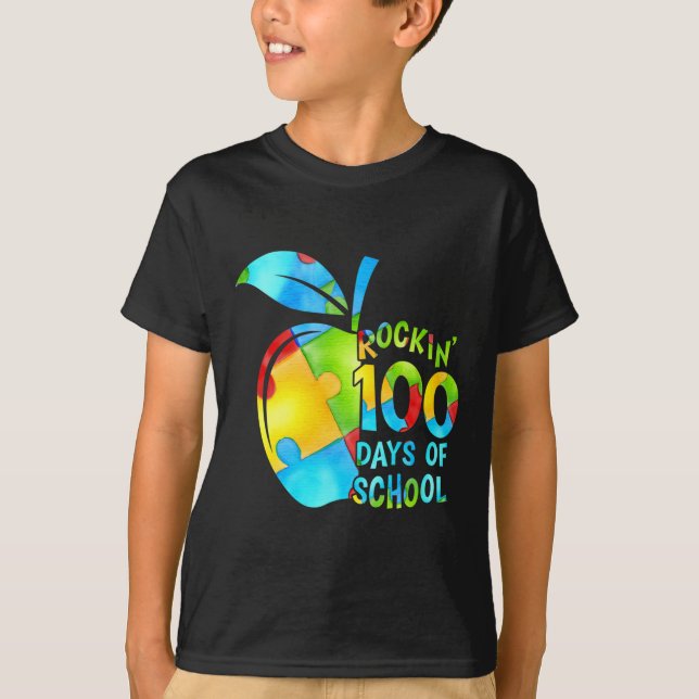 Rockin'100 dagar av skolpuzzel Apple Autism Awa T Shirt (Framsida)