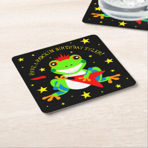 Rockin Birthday Träd Frog med Red Guitar Underlägg Papper Kvadrat
