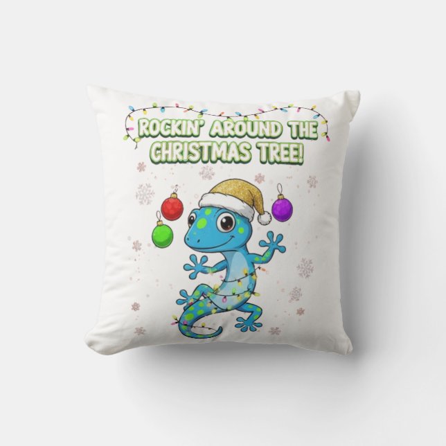 Rockin’ Christmas Gecko – Söt Högtidlig Ödla Dekor Kudde (Framsida)