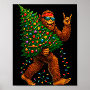 Rockin jul Bigfoot bär träd Kul Xmas Ro Poster
