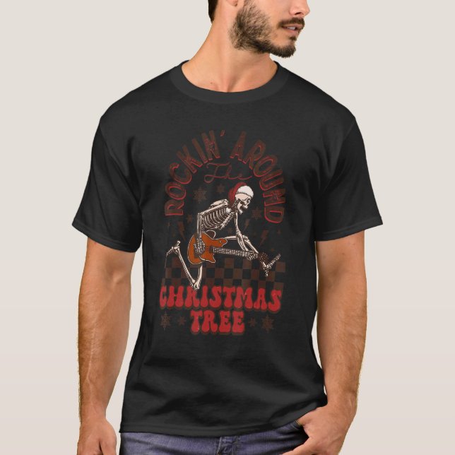 Rockin runt Julgran Skeleton Retro Xm T Shirt (Framsida)