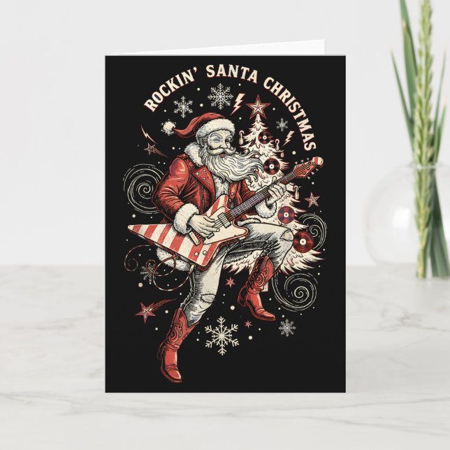 Rockin Santa Playing Guitar Funny Christmas Retro  Kort (Framsida)