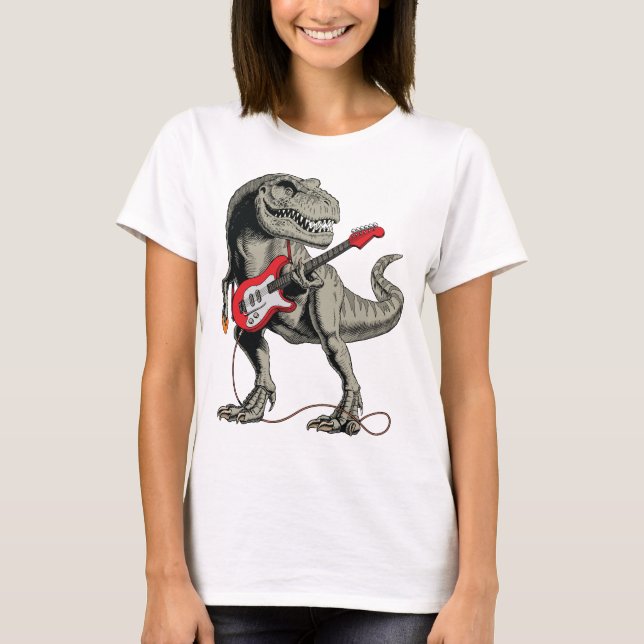 Rockin' T-Rex: Dinosaur Spela Electric Guitar T Shirt (Framsida)