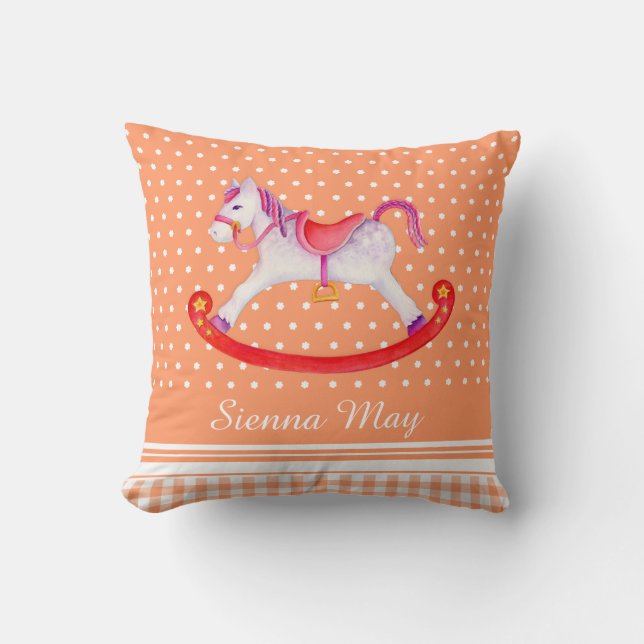 Rocking horse art orange peach namn killingar vid  kudde (Framsida)