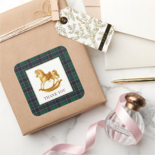 Rocking Horse Baby Shower Elegant Tartan Play Fyrkantigt Klistermärke