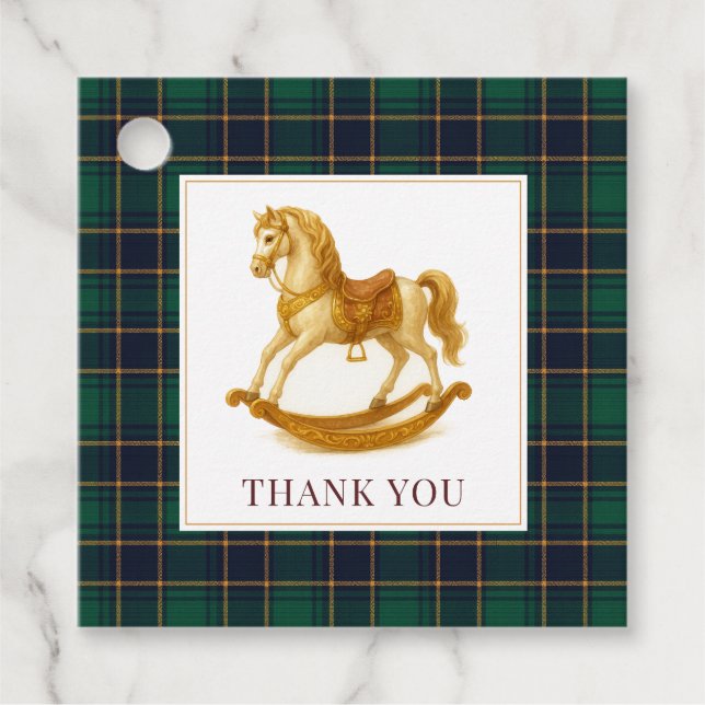Rocking Horse Baby Shower Elegant Tartan Play Gåvor Etiketter (Framsida)