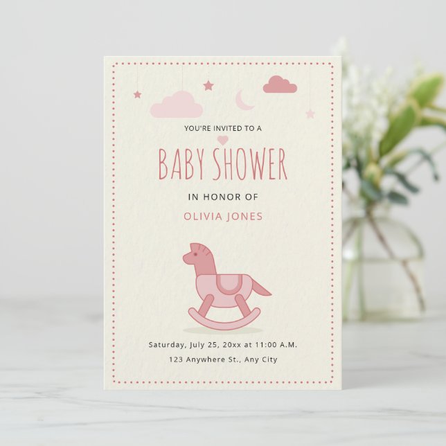 Rocking Horse Baby Shower Inbjudan, Girl Baby Show Inbjudningar (Stående Fram)