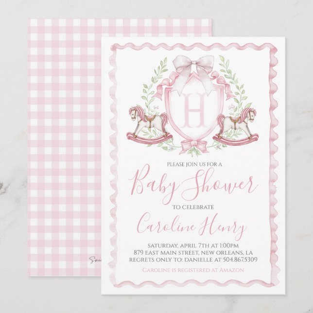 Rocking Horse Baby Shower Rosa Gingham Rosa Inbjudningar (Fram/baksida)