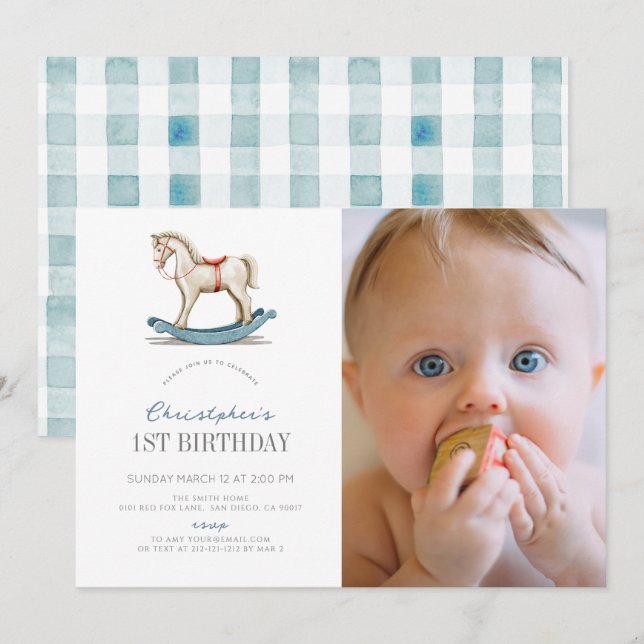 Rocking Horse Blue Boy Photo 1st Birthday Inbjudningar (Fram/baksida)