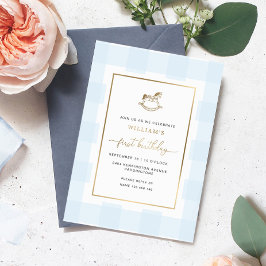 Rocking Horse Blue Gingham Birthday Foil Inbjudan