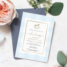 Rocking Horse Blue Gingham Christening Foil Inbjud