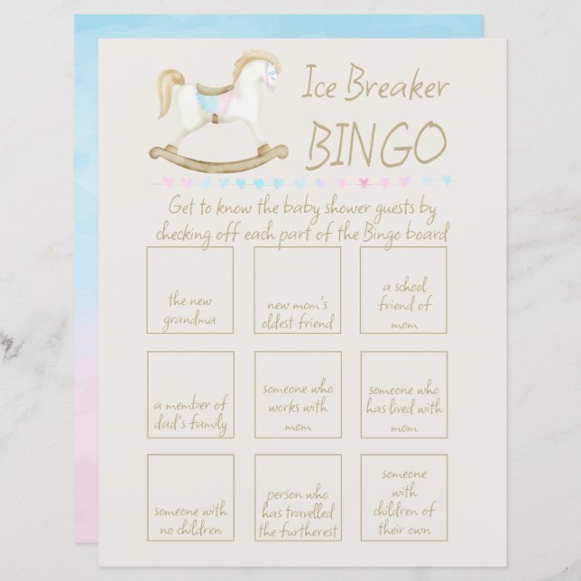 Rocking Horse Blue Rosa Baby Shower Bingo (Fram/baksida)
